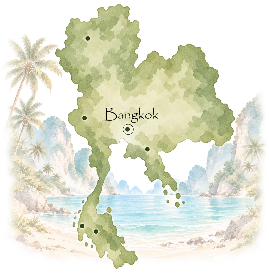 Watercolour map of Thailand highlighting Bangkok